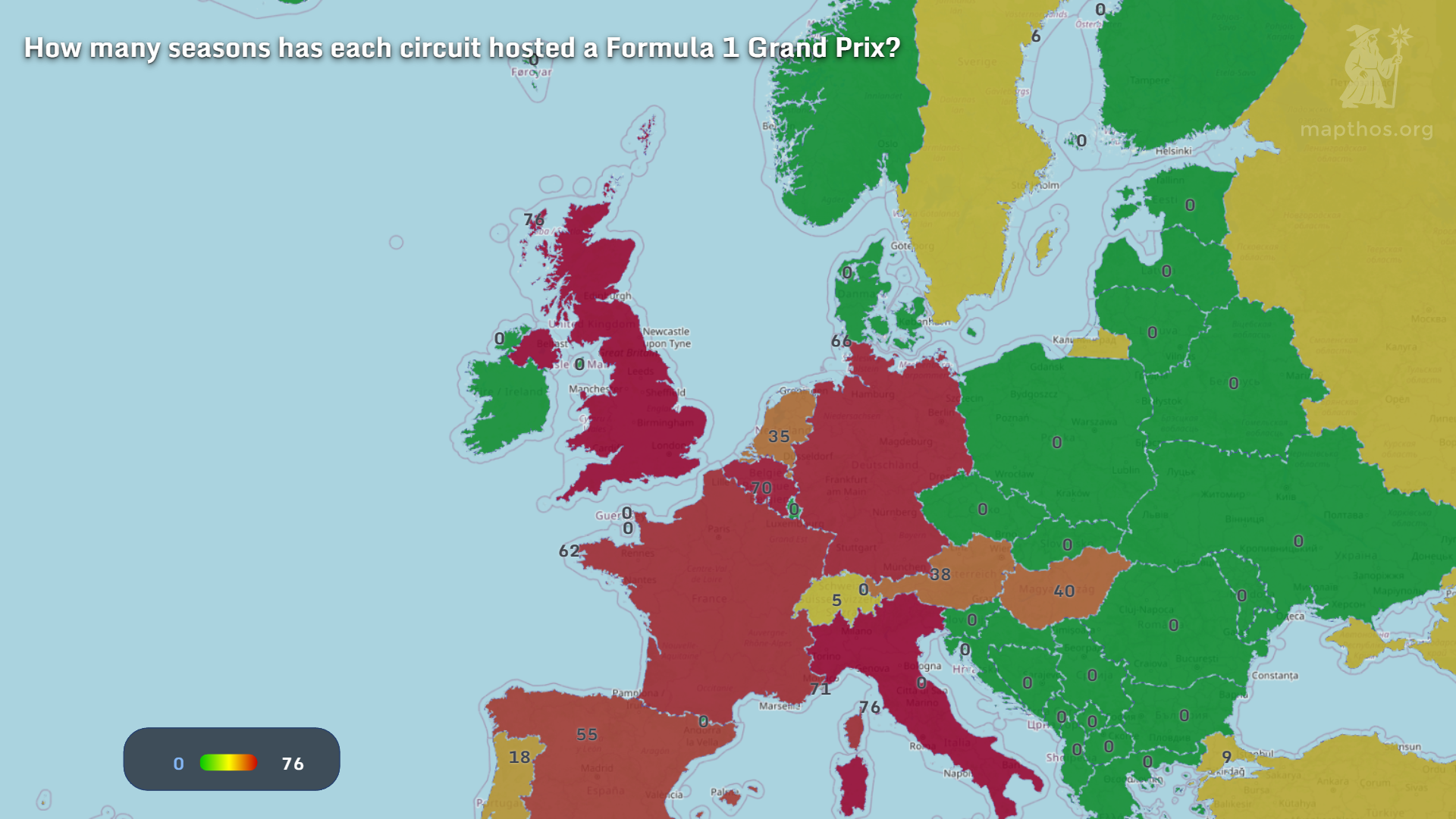 European Formula 1 circuit history map